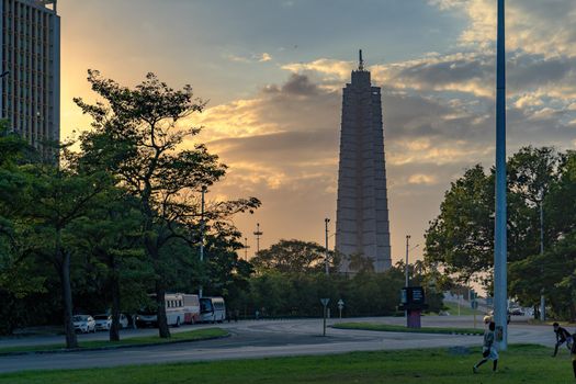 Havana Cuba. November 25, 2020: Photo at sunset of the Monument of the Jose Mari Revolution Square