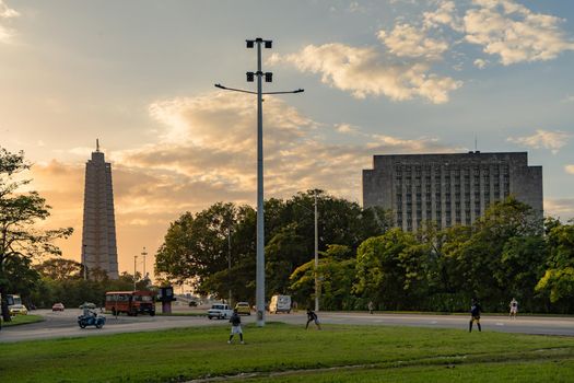 Havana Cuba. November 25, 2020: Photo at sunset of the Monument of the Jose Mari Revolution Square