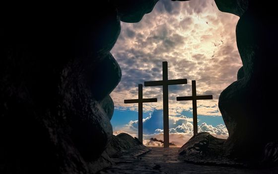 Silhouette of Christ cross from an opened tomb in the resurrection concept. 3d rendering.