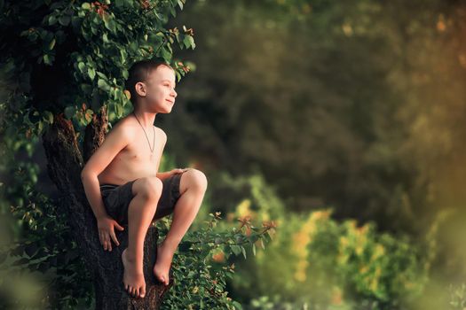 A boy without a shirt sits on a partially felled tree in the village. Against the background of green foliage. on a warm summer day.