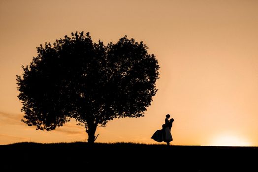 silhouettes of a happy young couple guy and girl on a background of orange sunset in the sand desert