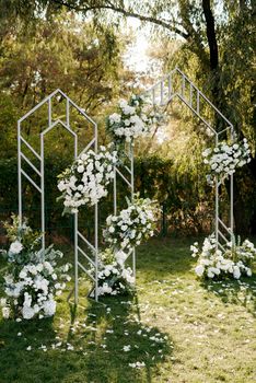 wedding ceremony area with dried flowers in a meadow in a pine brown forest