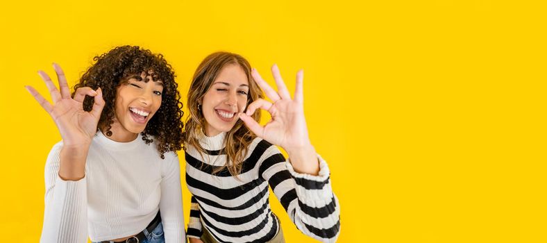 Two young isolated multiracial women in confident happy ok gesture winking looking at camera smiling confident to the future. Afro-American black curly girl laughing with friend on yellow background