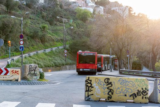 Barcelona, Spain: 2021 March 23: El Carmel bunkers viewpoint bus stop in Barcelona, Spain.