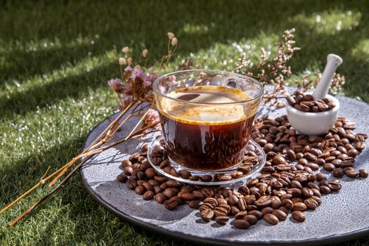 Coffee style, Black coffee in glass cup with coffee beans roating and dried flower on Ceramic plate at lawn in the morning.