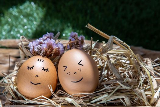The two happy eggs is lying on dry straw. Happy and relaxing concept.