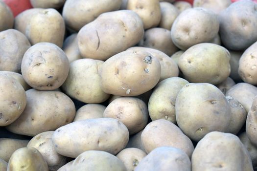 A closeup shot of a pile of potatoes in a market place