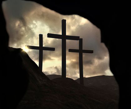 Silhouette of Christ cross from an opened tomb in the resurrection concept. 3d rendering.