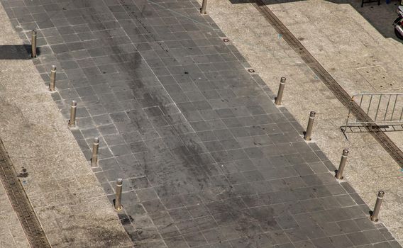 Top view of empty street in alley in the morning. Copy space.