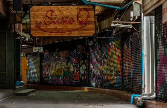Bangkok, Thailand - Jun 19, 2020 : The closed shop in Alley at Khao San Road on daytime without people. COVID-19 outbreak situation