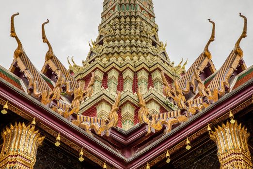 Bangkok, Thailand - Jun 19, 2020 : Beautiful Thai architecture of buildings in The Temple of the Emerald Buddha, the most sacred Buddhist temple in Thailand, it is also a potent religion symbolic of Thailand.