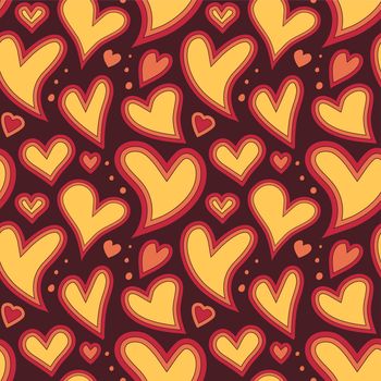 Red, orange, and yellow 70s-style psychedelic hearts and dots on a brown background. Seamless repeating background. Vector illustration.