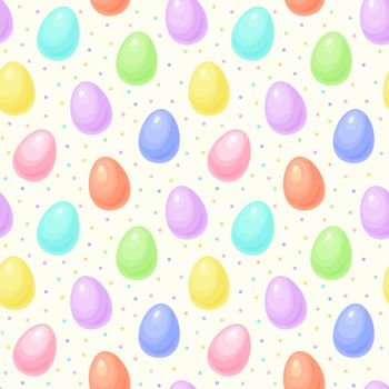 Colorful Easter eggs in pastel rainbow colors with sprinkle dots on a pale yellow background. Seamless repeating background. Vector illustration.