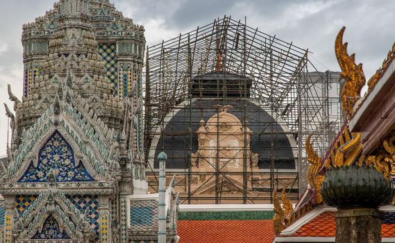 Bangkok, Thailand - Jun 19, 2020 : Renovated building in The Temple of Emerald Buddha or Wat Phra sri rattana sasadaram.