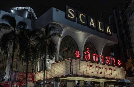 Bangkok, Thailand, Jul 03, 2020 : Scala cinema theatre at night. A large Standalone movie theatres in Thailand, built with a classic, beautiful architecture.
