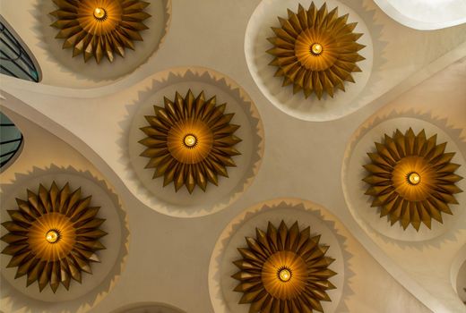 Bangkok, Thailand, Jul 03, 2020 : Bottom view of Beautiful interior design with Ceiling lamp in Scala cinema at Siam Square.