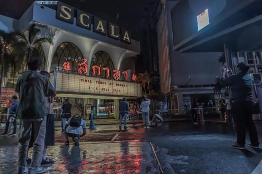 Bangkok, Thailand, Jul 03, 2020 : Group of public who are capturing memories of beautiful architecture of The Scala cinema at Siam Square.