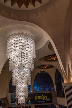 Bangkok, Thailand, Jul 03, 2020 : Gorgeous interior design with Vintage chandelier at the main hall of Scala cinema at Siam Square. Cultural entertainment.