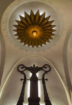Bangkok, Thailand, Jul 03, 2020 : Gorgeous interior design with Ceiling lamp in Scala cinema at Siam Square. The Classical architecture of Late Modernist mixed with Art Deco style.