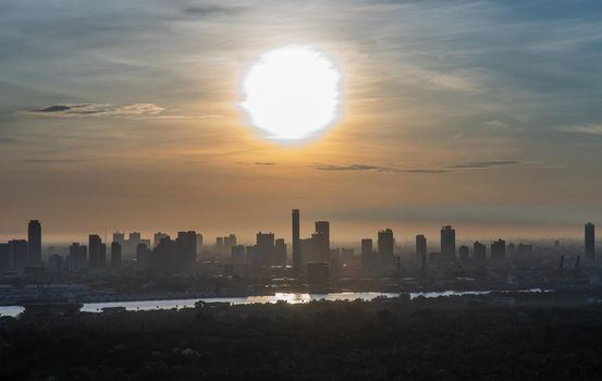 Bangkok, Thailand - Jun 28, 2020 : Beautiful city view of Bangkok before the sunset creates relaxing feeling for the rest of the day. Selective focus.