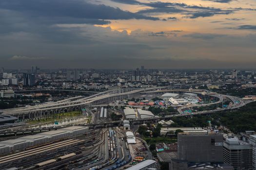 Bangkok, Thailand - Jul, 25, 2020 : Aerial view of Bang Sue central station, the new railway hub transportation building at evening. No focus, specifically.