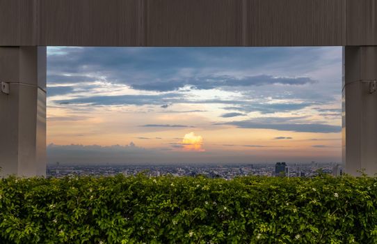 Bangkok, Thailand - Jul 25, 2020 : Skyline framed from beautiful cityscape before the sunset creates energetic feeling to get ready for the day waiting ahead. Selective focus.