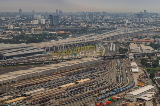 Bangkok, Thailand - Jul, 25, 2020 : Aerial view of Bang Sue central station, the new railway hub transportation building at bangkok. No focus, specifically.