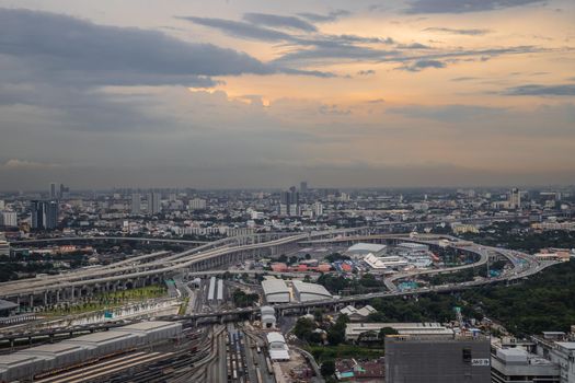 Bangkok, Thailand - Jul, 25, 2020 : Aerial view of Bang Sue central station, the new railway hub transportation building at evening. No focus, specifically.