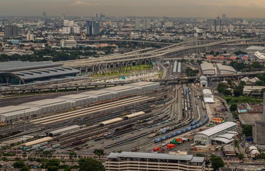 Bangkok, Thailand - Jul, 25, 2020 : Aerial view of Bang Sue central station, the new railway hub transportation building at evening. No focus, specifically.