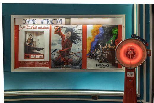 Bangkok, Thailand, Jul 03, 2020 : The classic moment of movie poster with red vintage scale at The Scala cinema.