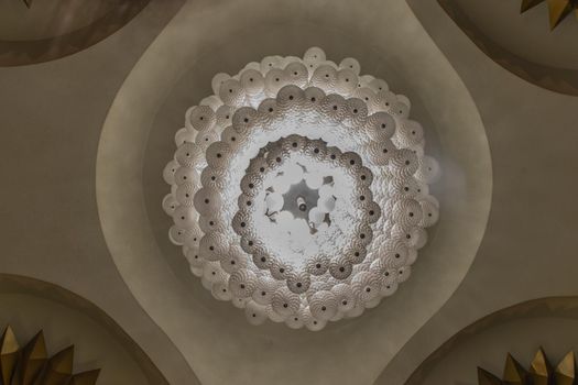 Bottom view of BWhite gorgeous vintage chandelier decoration at Siam Square. Cultural entertainment.