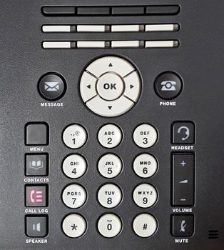 Full frame background with buttons of modern office telephone. Telephone keypad background.