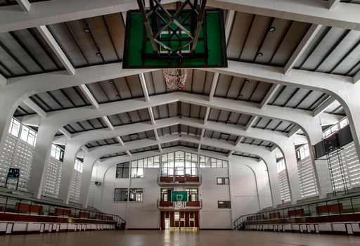 Bangkok, Thailand - Oct 04, 2020 : Empty basketball gym. Interior of a basketball hall. Copy space, Selective focus.