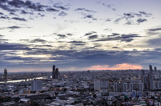 Bangkok, Thailand - Sep 24, 2020 : Bangkok downtown cityscape with skyscrapers at evening give the city a modern style. No focus, specifically.