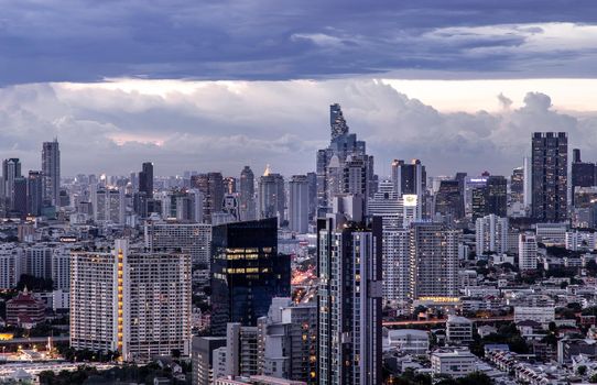 Bangkok, Thailand - Sep 24, 2020 : Bangkok downtown cityscape with skyscrapers at evening give the city a modern style. No focus, specifically.