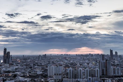 Bangkok, Thailand - Sep 24, 2020 : Bangkok downtown cityscape with skyscrapers at evening give the city a modern style. No focus, specifically.