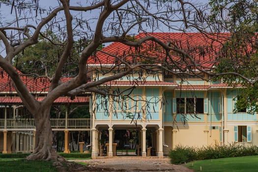 Phetchaburi, Thailand - Feb 29, 2020 :  Beautiful Maruek kathayawan palace (Love and hope palace) the summer palace of the king in Cha-Am District.