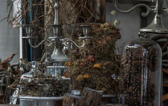Antique candlestick and Dry plant with Pine cones in glass bottle.  Vintage shop decoration idea. Selective focus.