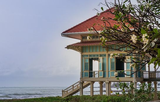 Phetchaburi, Thailand - Feb 29, 2020 :  Beautiful Maruek kathayawan palace (Love and hope palace) the summer palace of the king in Cha-Am District.