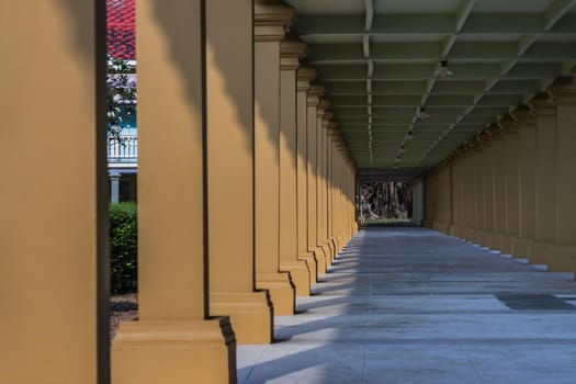 Phetchaburi, Thailand - Feb 29, 2020 : The walkway at space under the house of Maruek kathayawan palace. The summer palace of the king in Cha-Am District.