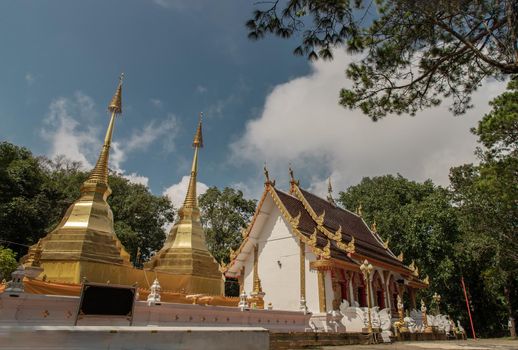 Two golden pagodas or stupa Mae Sai in Phra That Doi Tung temple (Wat Phra That Doi Tung). Buddhist monastery and temple of public. Chiang Rai province Thailand. Selective focus.