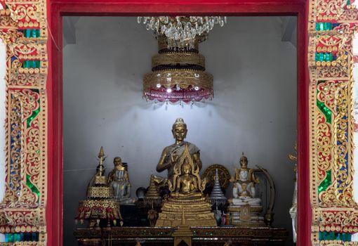 Chiang Rai, thailand - Sep 05, 2020 : The buddha image in main vihan at Phra That Doi Tung temple (Wat Phra That Doi Tung). Buddhist monastery and temple of public. No focus, specifically.