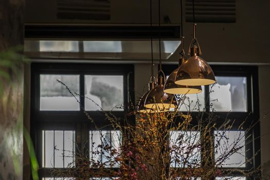 Vintage Interior design room. Decoration of old brick on the wall with vintage lamps and dried flowers. No focus, specifically.