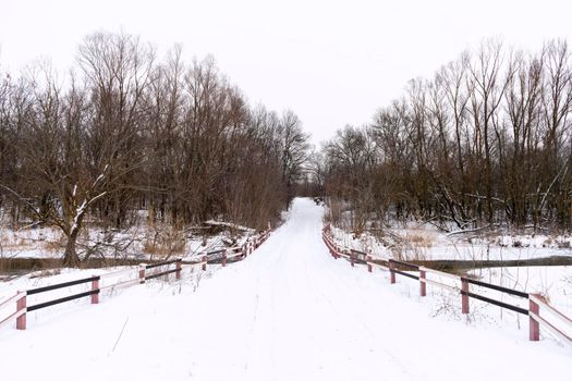 winter road across the river in the snow-covered forest. High quality photo