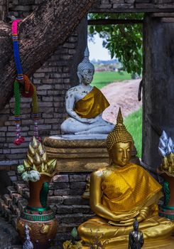 Nakhon Nayok, Thailand - Mar 21, 2020 : Buddha statue at The ancient of a 200 year old church. Wat Pah Krathum. Selective focus.