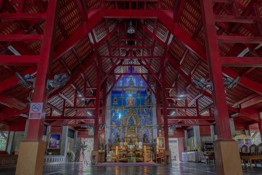 Lampang, Thailand - Sep 03, 2020 : The buddha image in main vihan at Buddhist temple in Wat Chaloem Phrakiat Phrachomklao Rachanuson at Chae Hom. Selective focus.