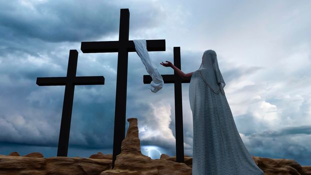 A woman praying in front of Christ cross during a stormy day. 3d rendering.