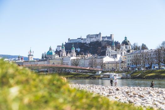 Idyllic panoramic city landscape of Salzburg in spring