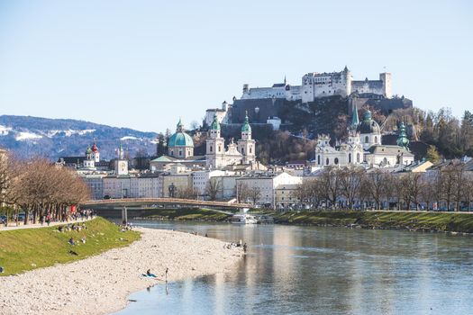 Idyllic panoramic city landscape of Salzburg in spring