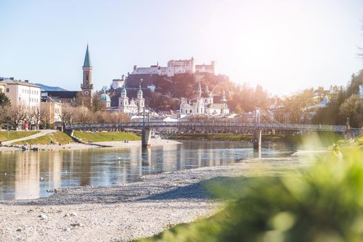 Idyllic panoramic city landscape of Salzburg in spring